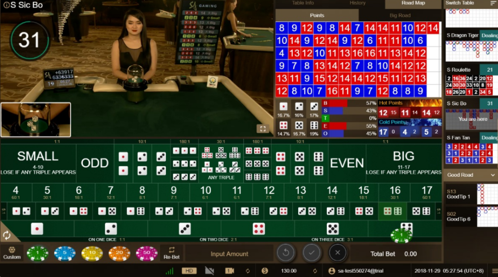 Giao diện cược tài xỉu tại phòng cược SA Gaming tại 3WIN